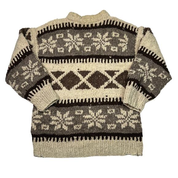 Vintage 80s 90s Crewneck Knit Fair Isle Sweater FLAW Cream Brown Medium - Picture 2 of 7